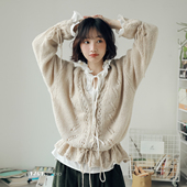 印计谷羽慵懒感马海毛羊毛混纺毛衣开衫 外套女 温柔镂空抽绳针织衫