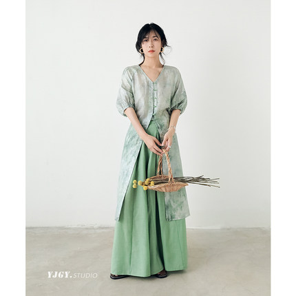 印计谷羽设计师原创新中式水绿晕染天丝长衫女夏显瘦裙裤套装F916