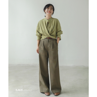 印计谷羽秋季 百搭休闲高腰显瘦长裤 女纯色文艺日系阔腿裤 F699 新款