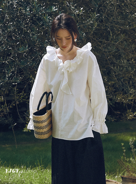 印计谷羽 设计感～花朵荷叶领设计长袖衬衫女早春季上衣白色衬衣