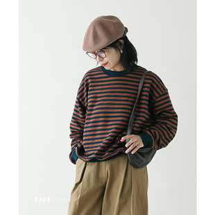 印计谷羽条纹卫衣女春秋冬2024新款 上衣显瘦F723 文艺复古宽松长袖