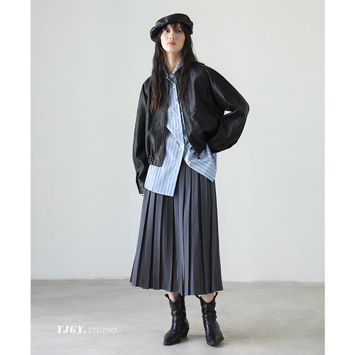 印计谷羽半身裙女秋冬2024新款高腰显瘦中长款设计感百褶裙子F706