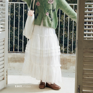 印计谷羽 纱纱蛋糕裙白色半身裙女春夏甜美复古仙女网纱A字裙子