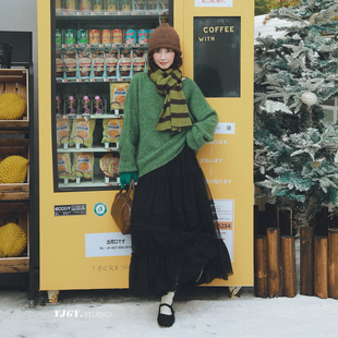 印计谷羽重工设计高级黑色网纱花边蛋糕裙女秋冬高腰显瘦纱纱裙子