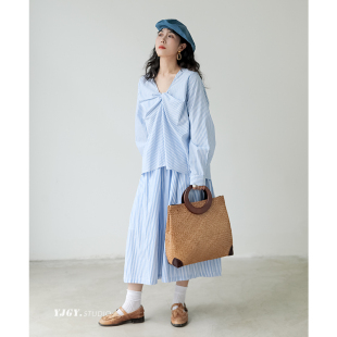 设计师自留 百搭长袖 蓝条纹衬衫 新款 上衣F998 女2024秋季 印计谷羽