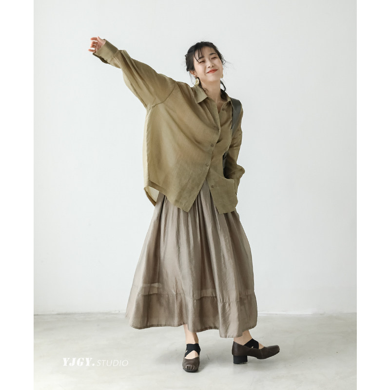 印计谷羽 2024夏新款衬衫半裙套装女透气轻薄高级感显瘦上衣F896
