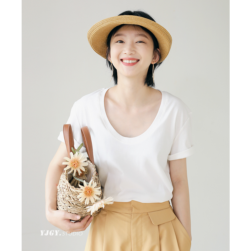 印计谷羽 短袖女2024新款t恤大U领打底衫弹力修身夏宽松薄款上衣