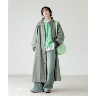 日系高级感宽松外套F521 新款 印计谷羽立领长款 文艺廓形风衣女春季