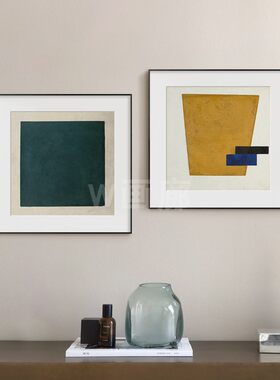 马列维奇油画几何图案客厅挂画卧室床头墨绿黄高级小众艺术装饰画