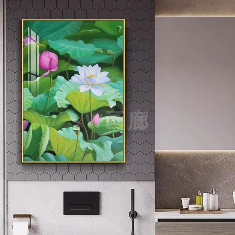 现代花卉荷花卫生间装饰画金属框浴室厕所挂画清新荷叶洗手间壁画图片