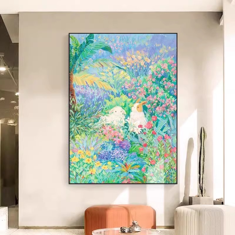 花海花卉彩色世界抽象动物兔子客厅装饰画小众艺术玄关走廊壁挂画图片