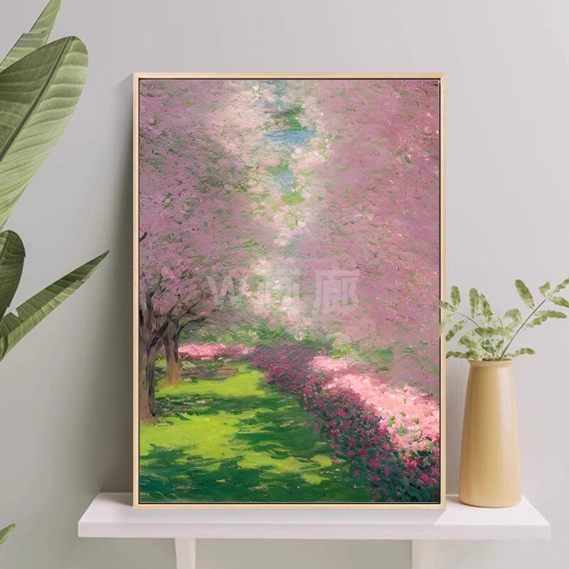 莫奈花园油画风卧室挂画治愈风景花卉装饰画粉色奶油风桌面摆画