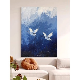 蓝色丹顶鹤茶室装饰画挂画书房仙鹤竖版高级感沙发背景墙竖版壁画