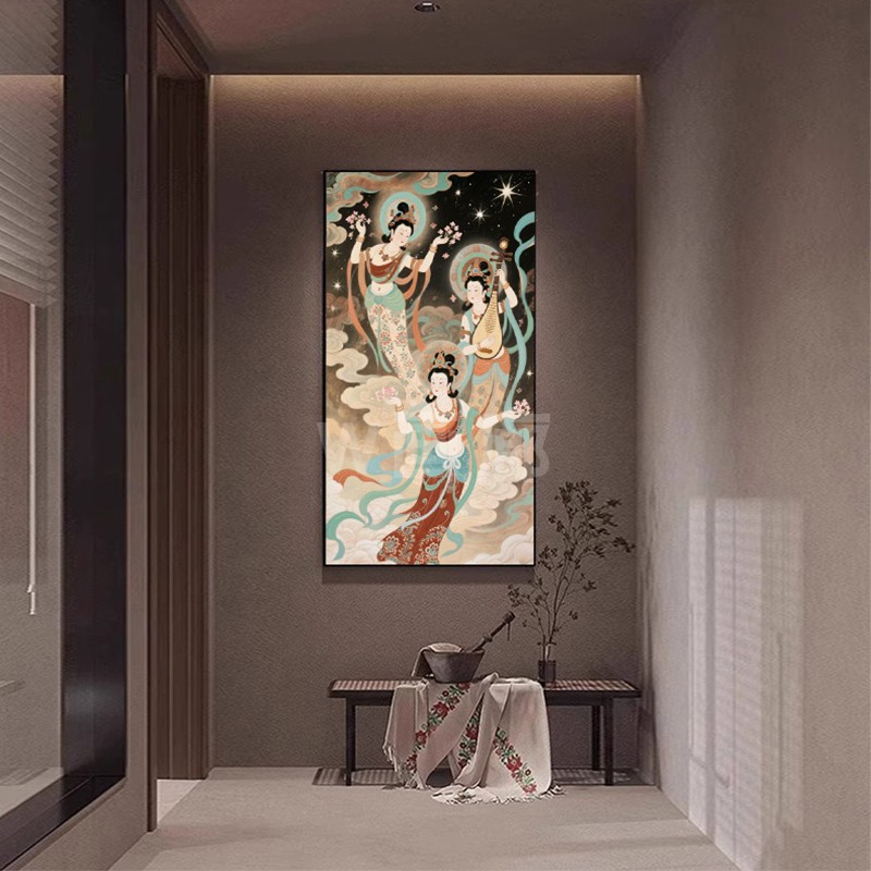 新中式敦煌九色鹿壁画玄关福鹿轻奢复古挂画民宿酒店客厅装饰画图片