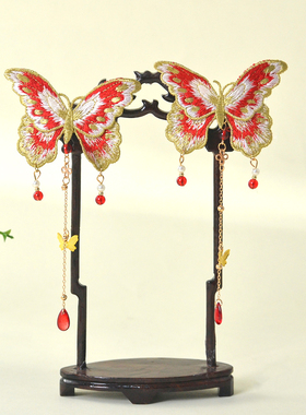 红色刺绣蝴蝶古风原创刺绣中式汉服秀禾流苏结婚发夹配饰旗袍发饰