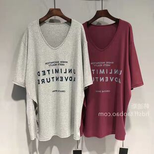 胖mm大码300斤夏季短袖大V领漏锁骨宽松慵懒风中长款蝙蝠袖上衣女