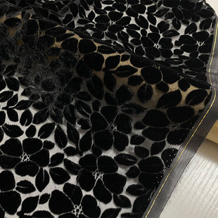 高端黑色镂空真丝烧花绒布料桑蚕丝烂花丝绒微透旗袍连衣裙子面料