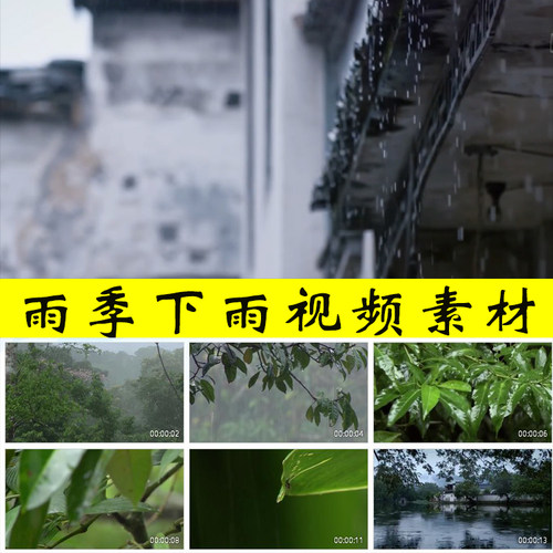 潮湿雨季落雨下雨雨打树叶芭蕉屋檐滴雨水滴滴答答江南雨视频素材