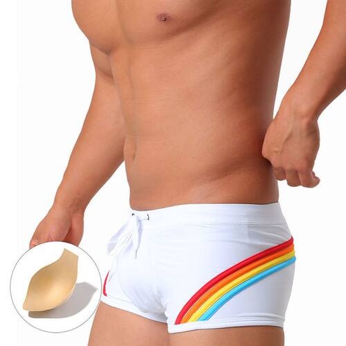 UXH 外贸跨境男士新款立体彩虹平角泳裤带罩杯防尴尬游泳四角裤男