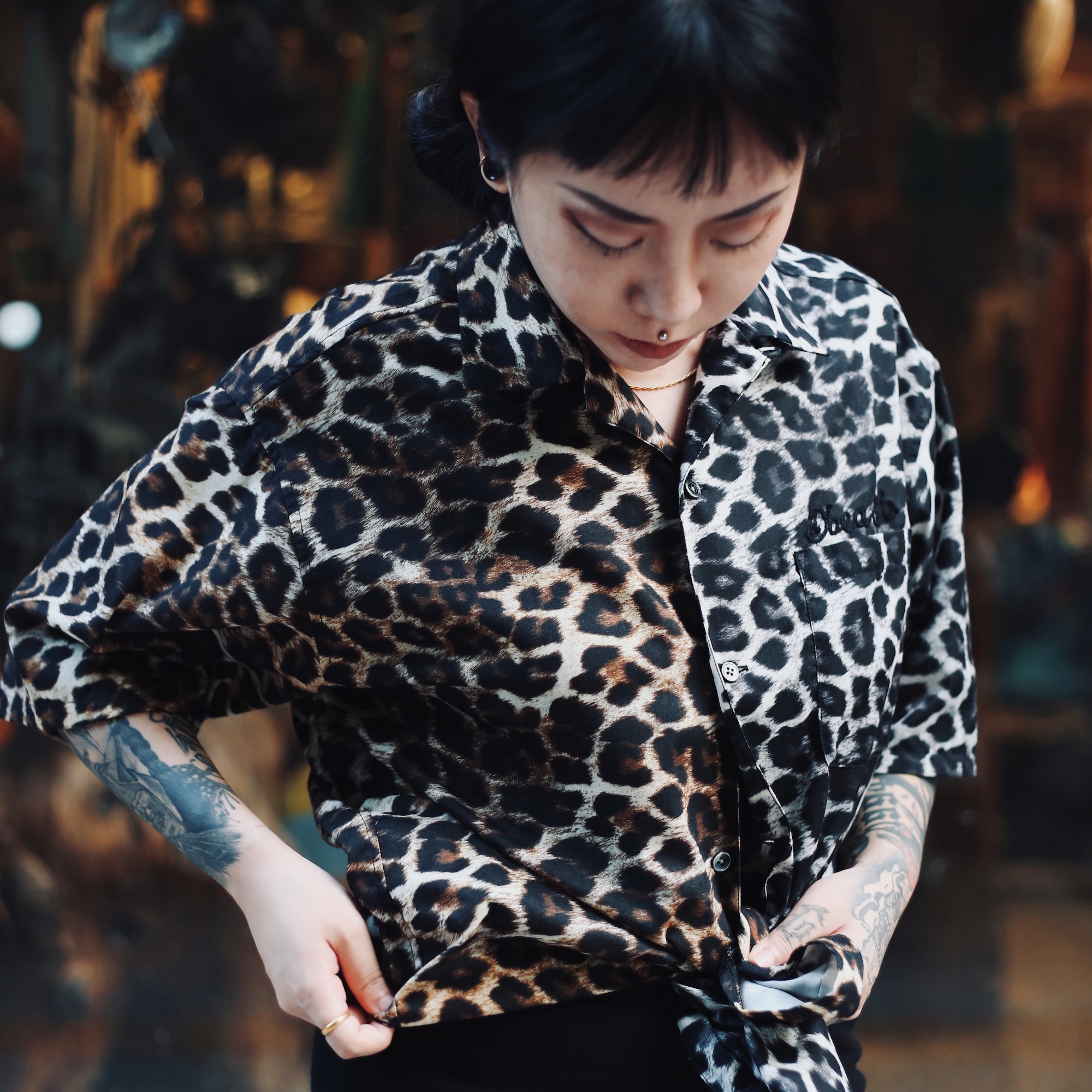 豹纹古巴领街头双拼色版短袖衬衫