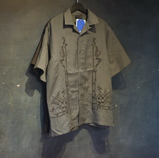 #DBEA[hemp shirt]墨绿古巴领麻料复古刺绣短袖衬衫夏威夷衫