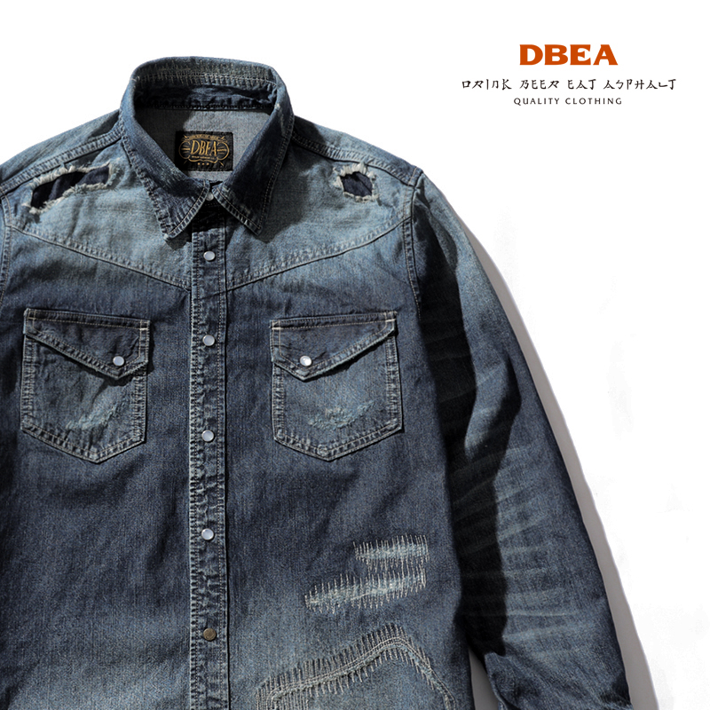 做旧牛仔衬衫手磨补丁珍珠扣西部