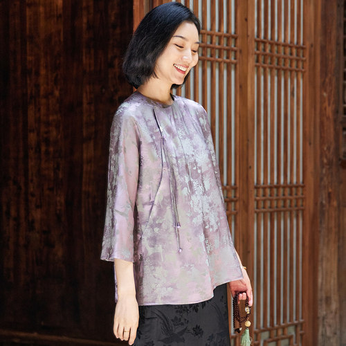 真丝交织提花缎夏圆领唐装女上衣