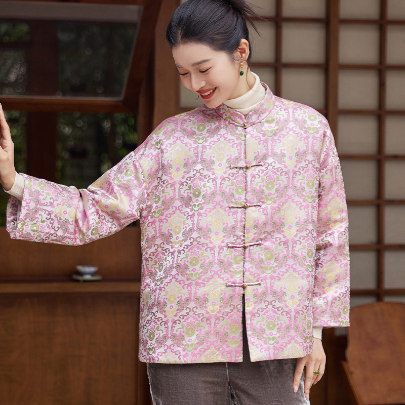 真丝宋锦提花盘扣夹棉唐装女上衣