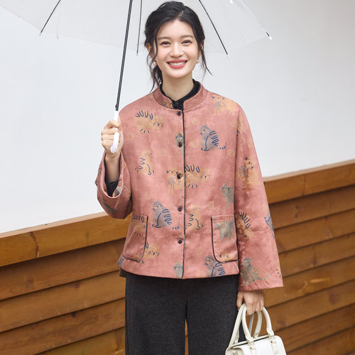 菲伊唐真丝提花红云纱冬棉衣上衣