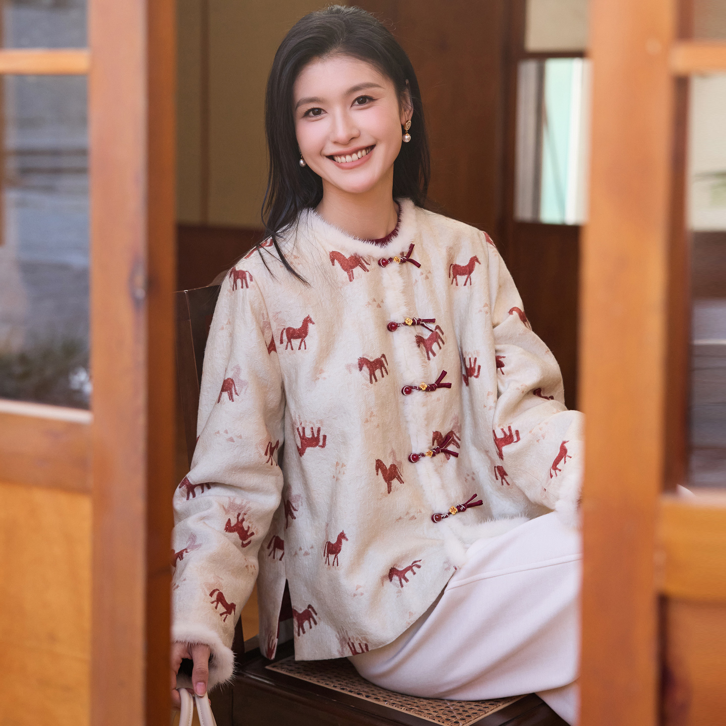 菲伊唐真丝羊毛提花中式棉衣上衣