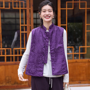 菲伊唐中式 背心马夹女上衣 改良油丝提花两面穿立领复古加密绒唐装