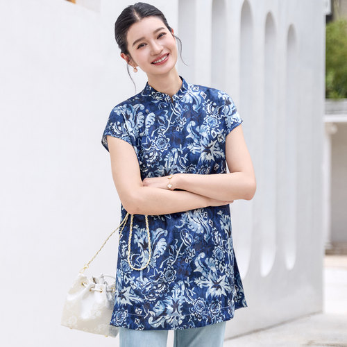 菲伊唐夏立领唐装女中长旗袍上衣