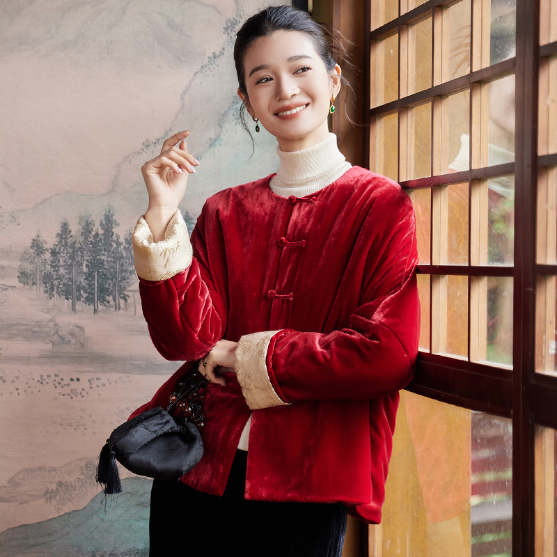 真丝绒盘扣夹棉圆领唐装女上衣冬