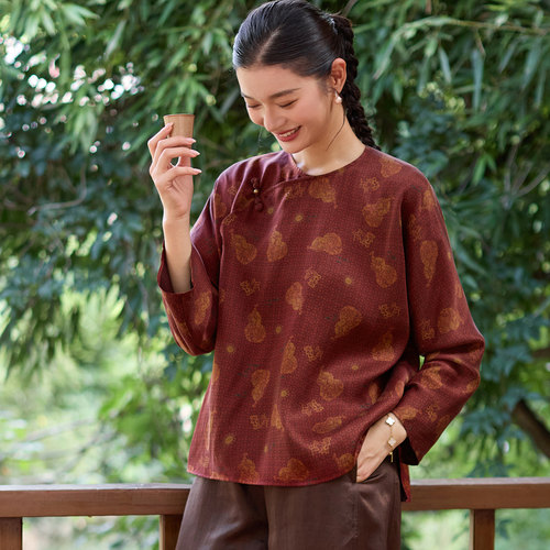 菲伊唐真丝红云纱圆领衬衫季上衣