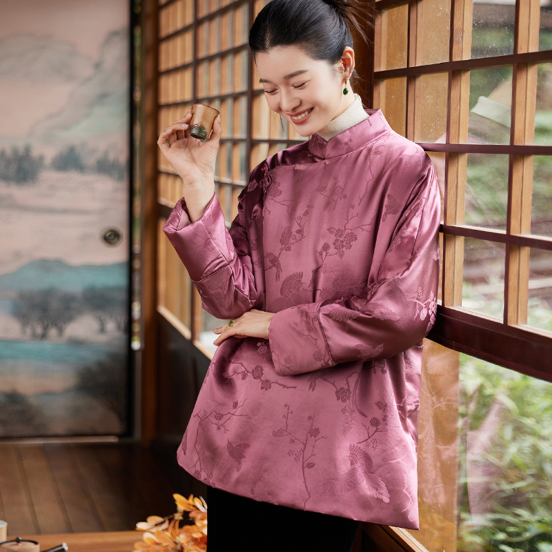 香云纱提花冬盘扣立领棉衣女上衣