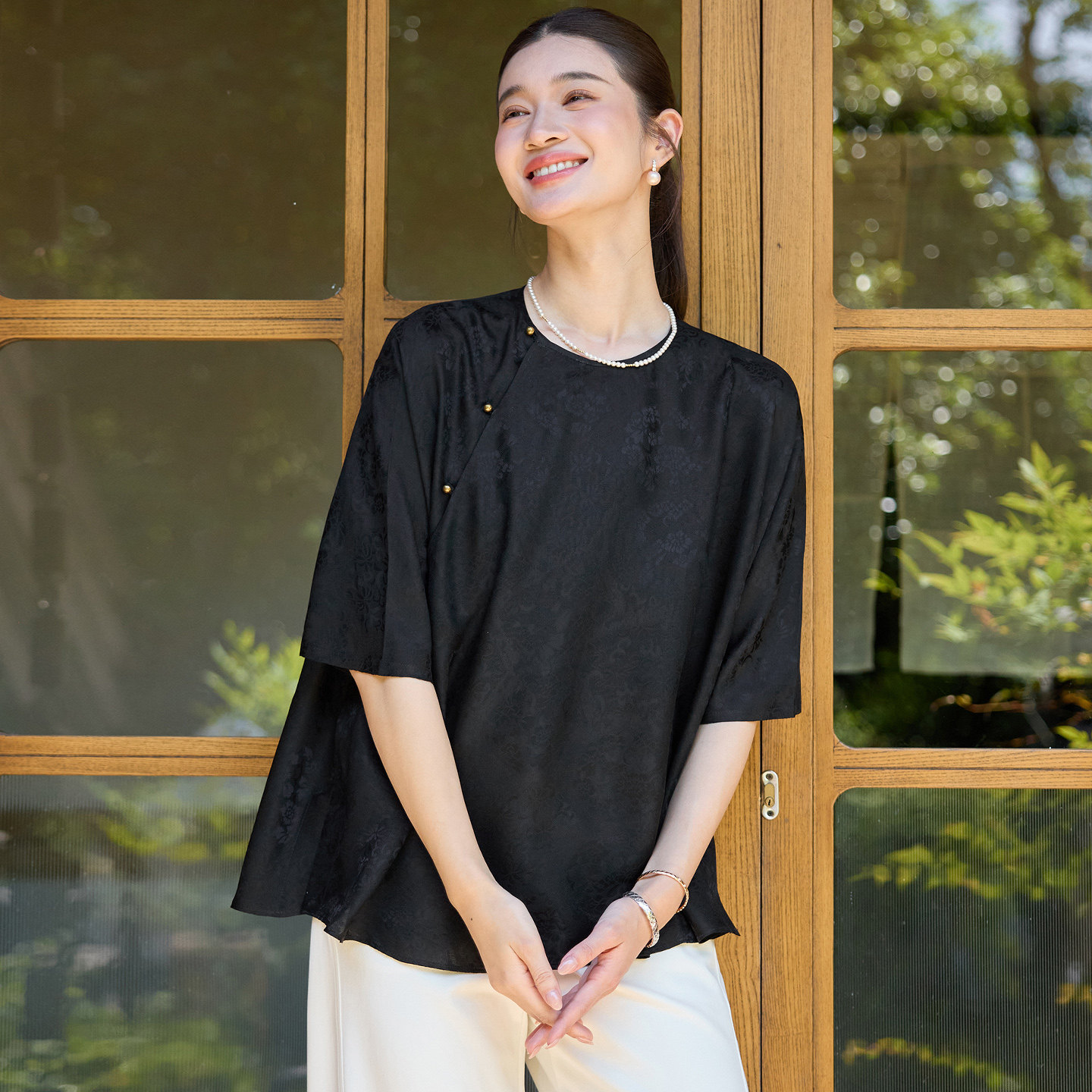 菲伊唐真丝花萝夏薄款短袖盘铜扣中国风复古改良圆领短衬衫女上衣