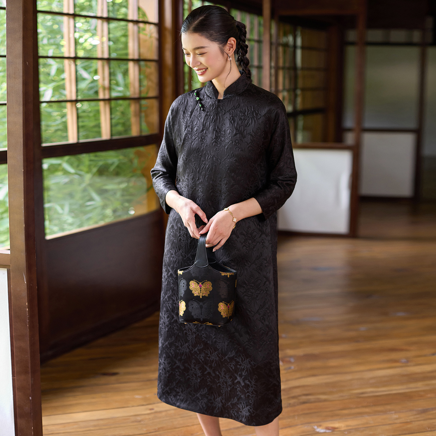 菲伊唐真丝羊毛提花长款旗袍裙女