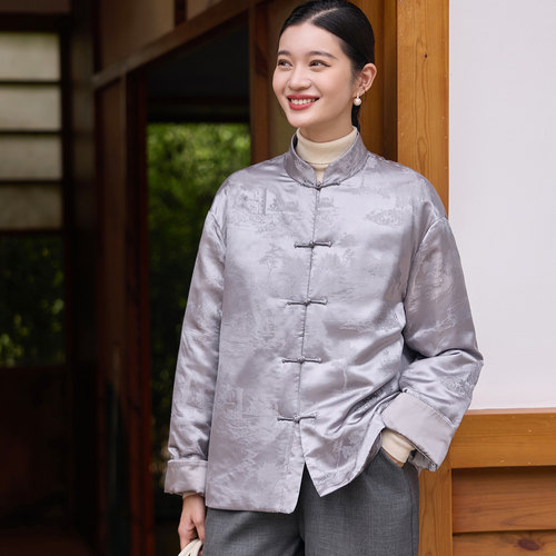菲伊唐真丝交织提花缎冬棉衣上衣