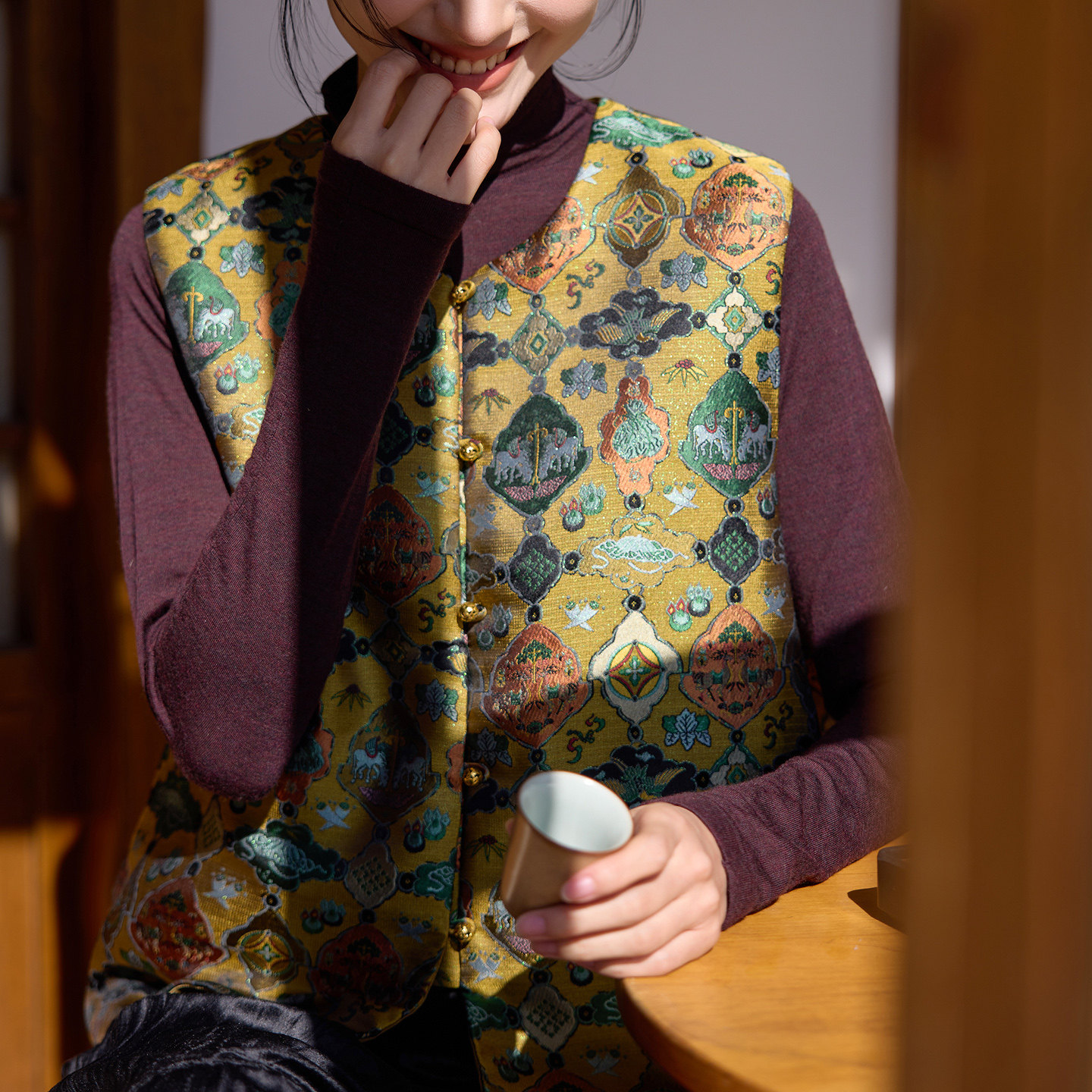 菲伊唐真丝唐锦马夹改良唐装上衣