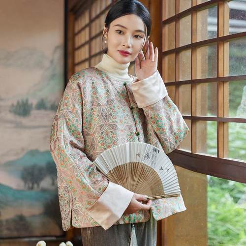 真丝织锦提花冬夹棉唐装女棉上衣