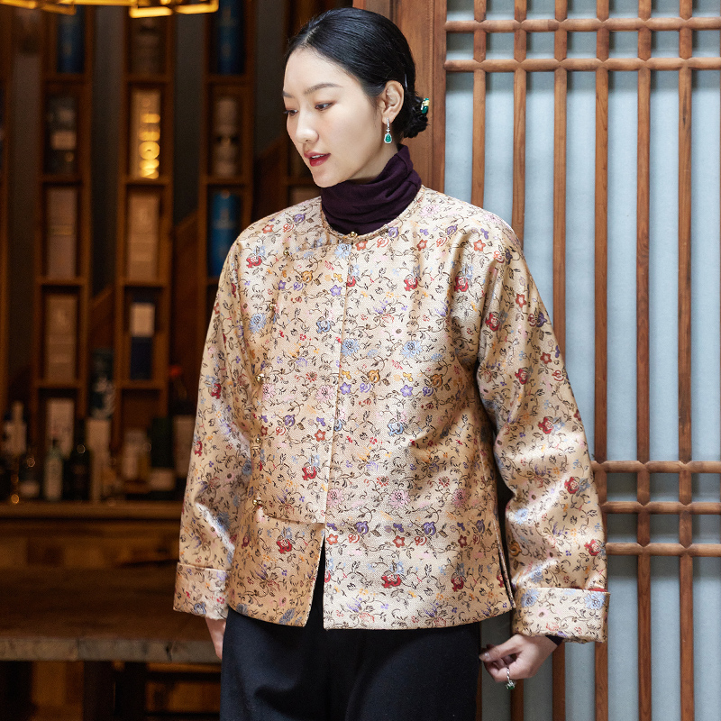 菲伊唐真丝宋锦冬棉衣圆领女上衣