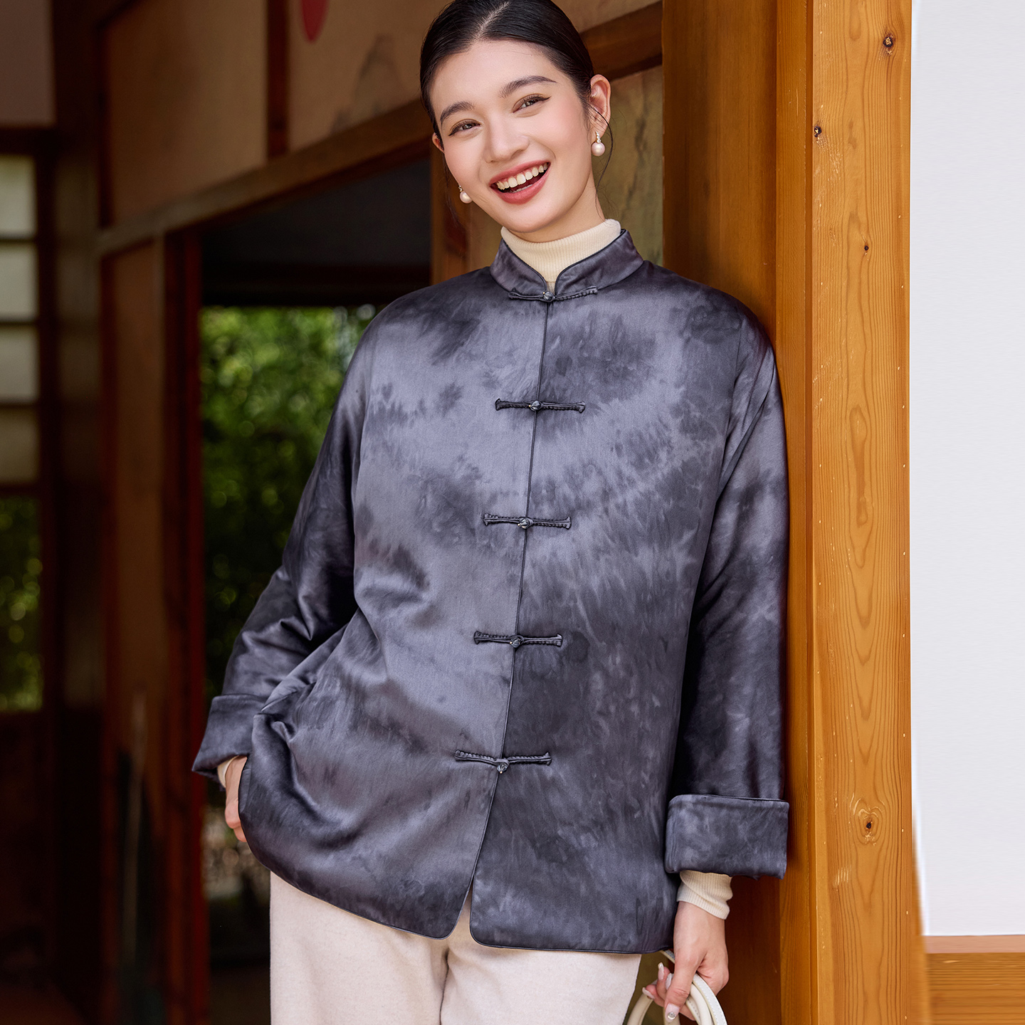 菲伊唐真丝素缎冬棉衣女上衣棉服