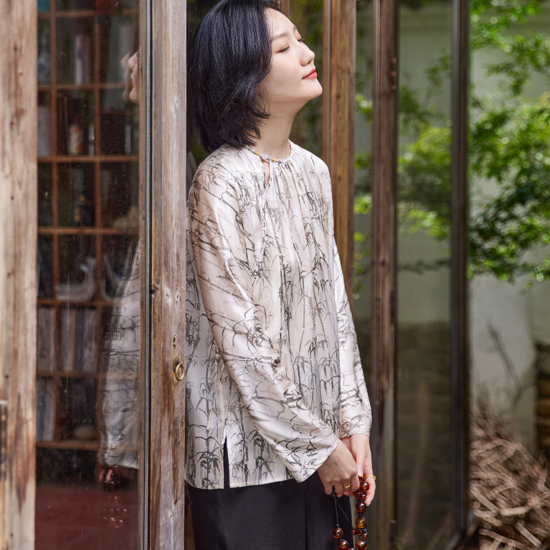 菲伊唐真丝素缎夏竹叶唐装女上衣