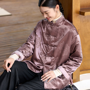 菲伊唐重磅真丝红云纱冬棉衣女上衣冬新中式 复古改良夹棉服外套女