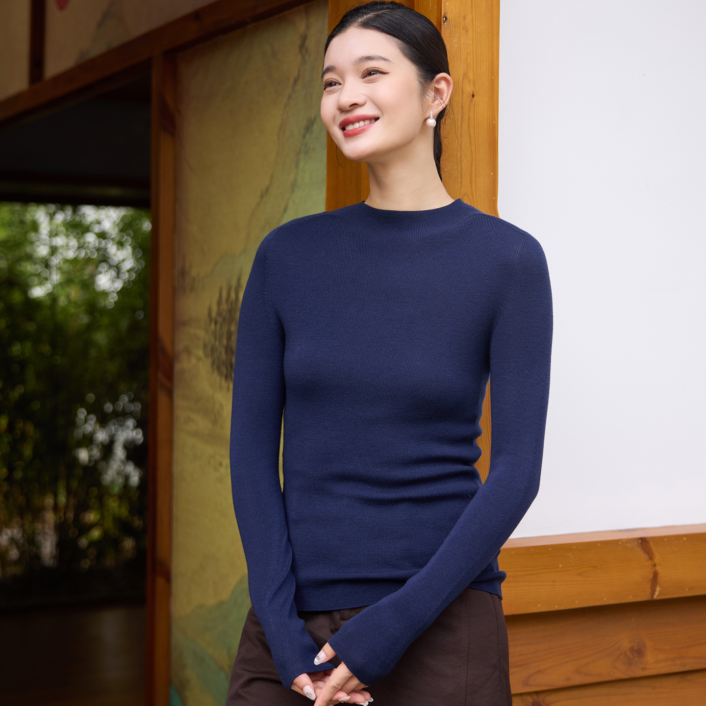 菲伊唐圆领套头针织打底衫绵羊毛