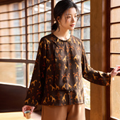 斜襟盘扣女长袖 原创圆领衬衫 上衣 真丝花萝红云纱新中式 菲伊唐春装