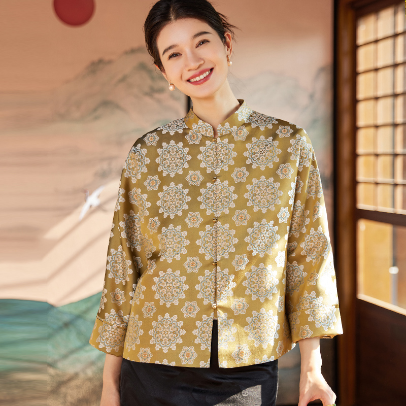菲伊真丝宋锦提花唐装单衣女上衣