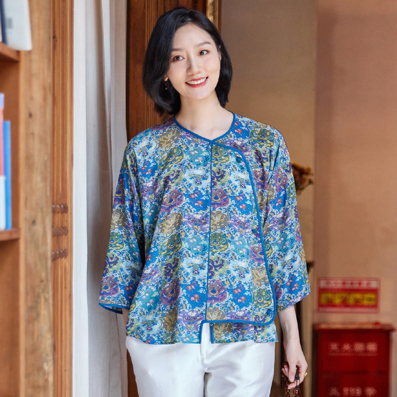 菲伊唐真丝双绉夏衬衫女唐装上衣