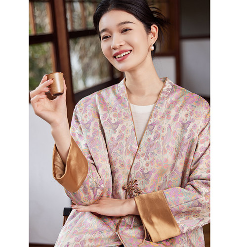 菲伊真丝交织宋锦v领女棉衣上衣