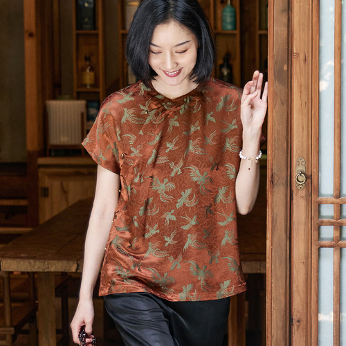 真丝交织提花缎夏圆领唐装女上衣
